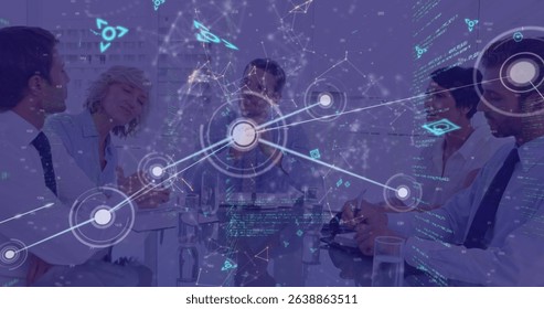 Image of data processing over diverse business people in office. Global business and digital interface concept digitally generated image.