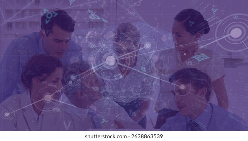 Image of data processing over diverse business people in office. Global business and digital interface concept digitally generated image.