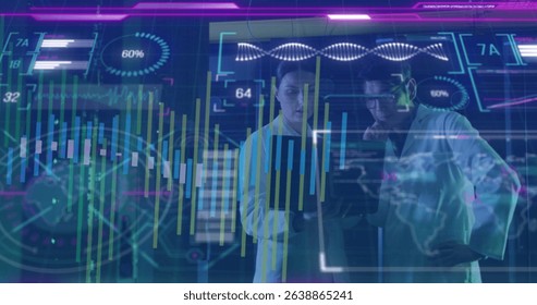 Image of data processing over diverse workers in server room. Global business and digital interface concept digitally generated image.