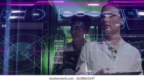 Image of data processing over diverse workers in server room. Global business and digital interface concept digitally generated image.