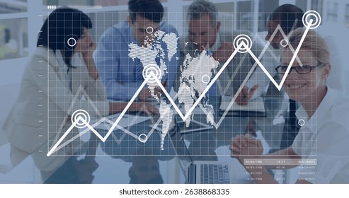 Image of data processing over diverse business people in office. Global business and digital interface concept digitally generated image.