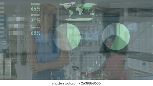 Image of data processing over diverse businesswomen in office. Global business and digital interface concept digitally generated image.