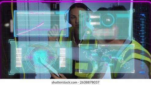 Image of data processing over diverse workers in server room. Global business and digital interface concept digitally generated image.