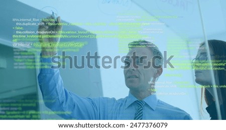 Image of data processing over diverse man and woman discussing over glassboard at office. Computer interface and business technology concept