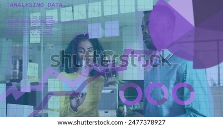 Image of data processing over diverse man and woman discussing over glassboard at office. Computer interface and business data technology concept