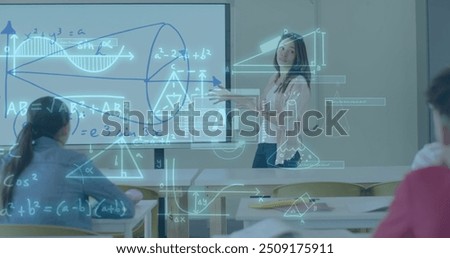 Image of data processing over diverse students at school. Artificial intelligence, education, connections, computing and data processing concept digitally generated image.