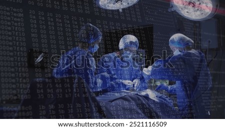 Image of data processing over diverse surgeons during operation. Technology, medicine and digital interface concept digitally generated image.
