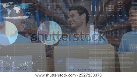 Image of data processing over diverse male and female volunteers laughing at warehouse. Volunteering and donation concept