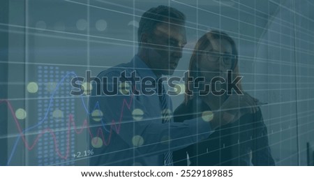 Image of data processing over diverse businessman and businesswoman discussing over glass board. Business data technology concept