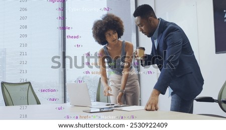 Image of data processing over diverse business people working at office. Global business and digital interface concept digitally generated image.