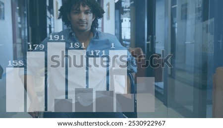 Image of data processing over diverse business people working at office. Global business and digital interface concept digitally generated image.