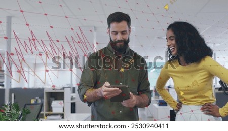 Image of data processing over diverse business people in office. Global business and digital interface concept digitally generated image.