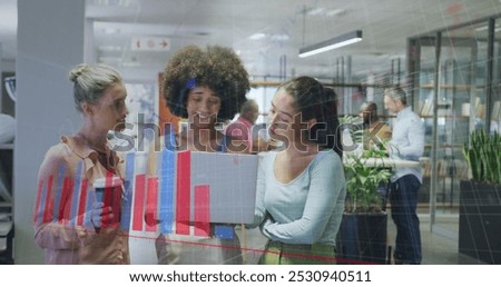 Image of data processing over diverse business people in office. Global business and digital interface concept digitally generated image.