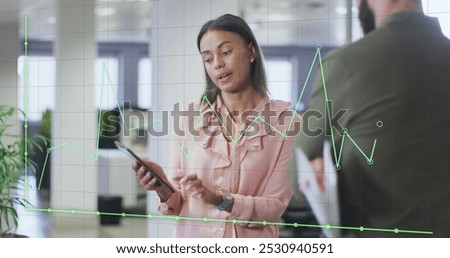 Image of data processing over diverse business people in office. Global business and digital interface concept digitally generated image.