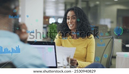 Image of data processing over diverse business people in office. Global business and digital interface concept digitally generated image.
