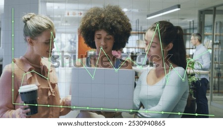 Image of data processing over diverse business people in office. Global business and digital interface concept digitally generated image.
