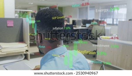 Image of data processing over diverse business people in office. Global business and digital interface concept digitally generated image.