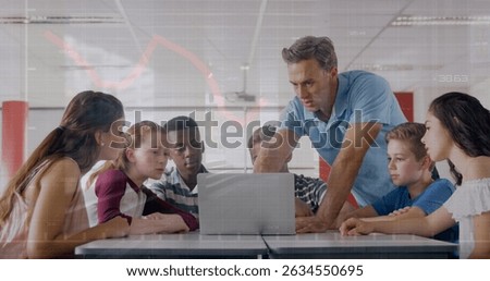 Image of data processing over diverse schoolchildren and teacher using laptop. Global education and digital interface concept digitally generated image.