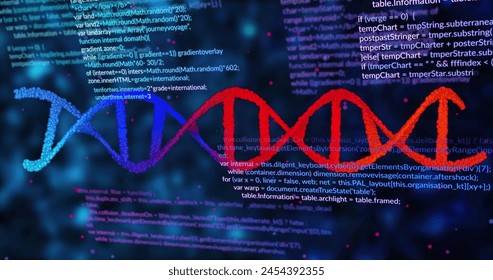 Image of data processing over dna strand on black background. Science, medicine and data processing concept digitally generated image.