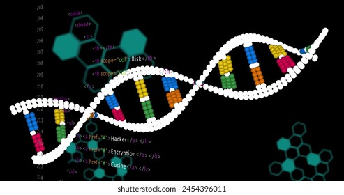 Image of data processing over dna strand on black background. Science, medicine and data processing concept digitally generated image. - Powered by Shutterstock - Get 15% off with code: PIKWIZARD15