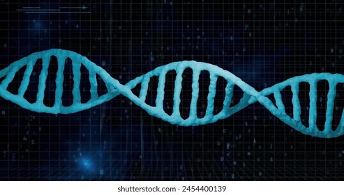 Image of data processing over dna strand on black background. Science, medicine and data processing concept digitally generated image.