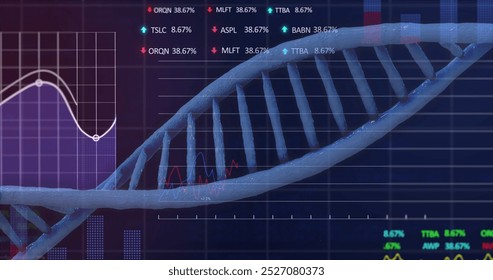 Image of data processing over dna strand over dark background. Global science, connections, data processing and digital interface concept digitally generated image.