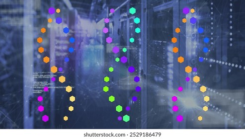 Image of data processing over dna strands and server room. Global business and digital interface concept digitally generated image.