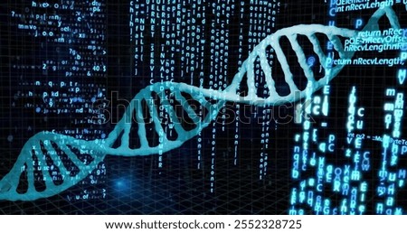 Image of data processing over dna strand. Technology, business and digital interface concept digitally generated image.