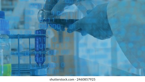 Image of data processing over doctor with beaker. Global medicine and digital interface concept digitally generated image.