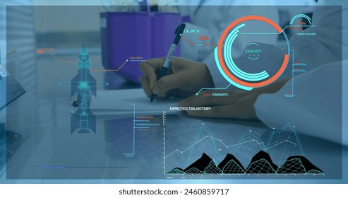 Image of data processing over doctor writing. Global medicine and digital interface concept digitally generated image.