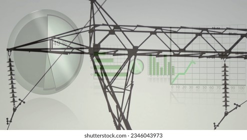 Image of data processing over electricity pylon and landscape. global energy, electricity and data processing concept digitally generated image.