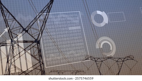 Image of data processing over electricity pylons. Power, ecology, computing and digital interface concept digitally generated image.