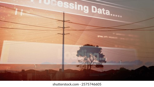 Image of data processing over electricity pylons. Power, ecology, computing and digital interface concept digitally generated image.