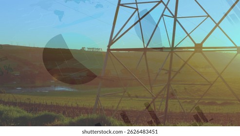 Image of data processing over electricity pylon and landscape. global energy, electricity and data processing concept digitally generated image.