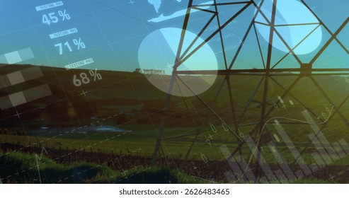 Image of data processing over electricity pylon and landscape. global energy, electricity and data processing concept digitally generated image.