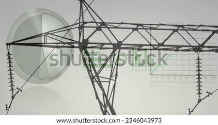 Image of data processing over electricity pylon and landscape. global energy, electricity and data processing concept digitally generated image.