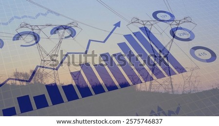 Image of data processing over electricity pylons. Power, ecology, computing and digital interface concept digitally generated image.