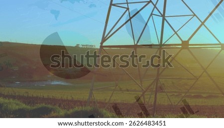 Image of data processing over electricity pylon and landscape. global energy, electricity and data processing concept digitally generated image.