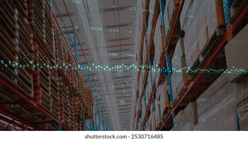 Image of data processing over empty warehouse. global shipping, delivery and connections concept digitally generated image.