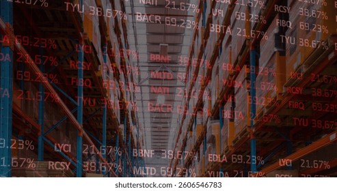 Image of data processing over empty warehouse. global shipping, delivery and connections concept digitally generated image.