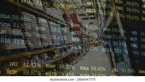 Image of data processing over empty warehouse. global shipping, delivery and connections concept digitally generated image.