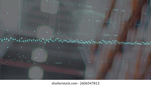 Image of data processing over empty warehouse. global shipping, delivery and connections concept digitally generated image.