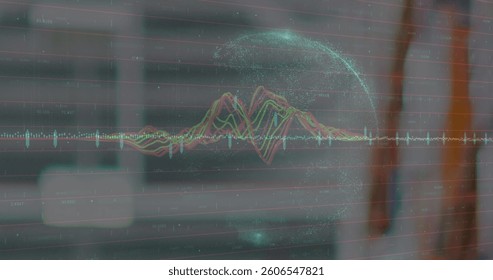 Image of data processing over empty warehouse. global shipping, delivery and connections concept digitally generated image.