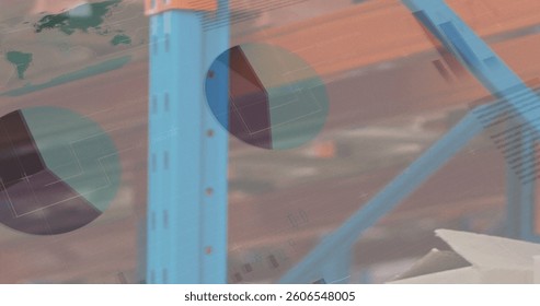 Image of data processing over empty warehouse. global shipping, delivery and connections concept digitally generated image.