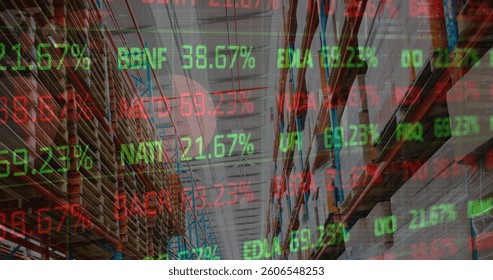 Image of data processing over empty warehouse. global shipping, delivery and connections concept digitally generated image.