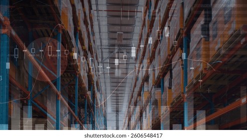 Image of data processing over empty warehouse. global shipping, delivery and connections concept digitally generated image.