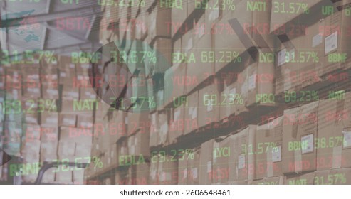Image of data processing over empty warehouse. global shipping, delivery and connections concept digitally generated image.