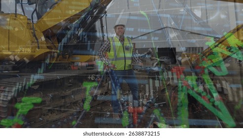 Image of data processing over excavator. Global science, connections, data processing and digital interface concept digitally generated image.