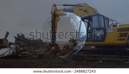 Image of data processing over excavator. Global science, connections, data processing and digital interface concept digitally generated image.