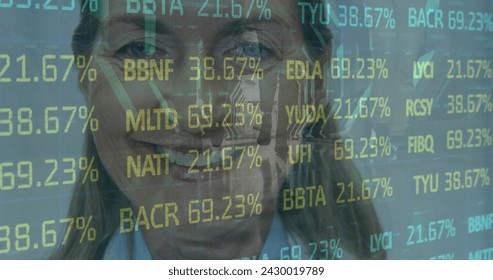 Image of data processing over female doctor with stethoscope. medicine, digital interface and data processing concept digitally generated image.